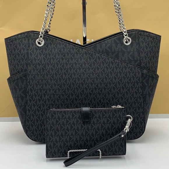 MICHAEL KORS LARGE X CHAIN SHOULDER TOTE & LARGE DOUBLE ZIP WALLET BLACK SIGNATR - Picture 5 of 16